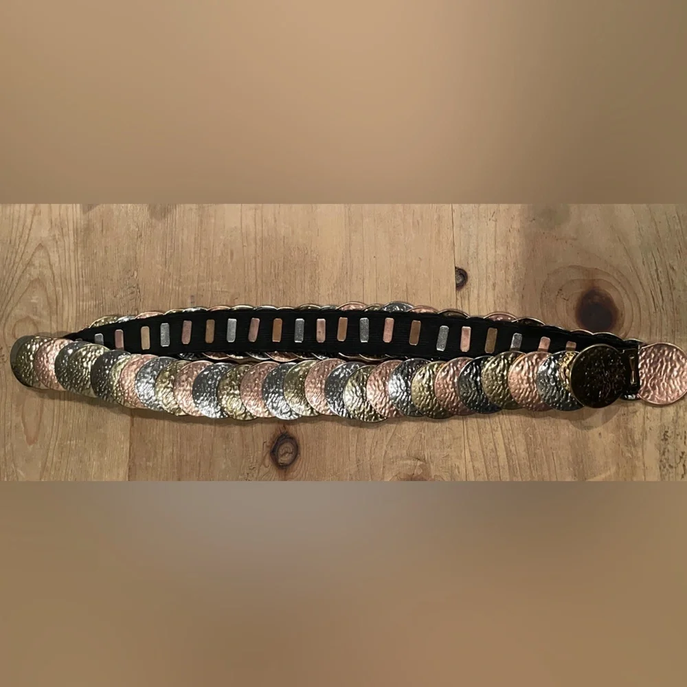 VTG Silver Bronze Gold Embossed Coin Belt Stretchy boho western southwestern OS